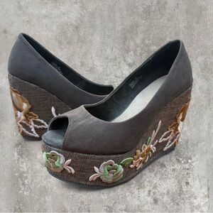Y2K Embroidered Brown Wedge Peep-Toe Shoes